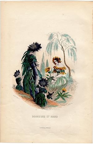 Antique Print-FLOWERS PERSONIFIED-WOMAN AS SCABIOSA-CALENDULA-Grandville-1852