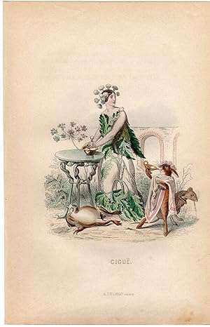 Antique Print-FLOWERS PERSONIFIED-WOMAN AS POISON PARSLEY-CIGUE-Grandville-1852