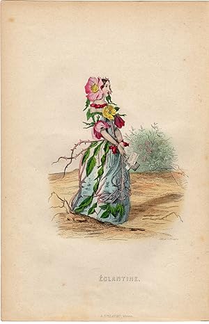 Antique Print-FLOWERS PERSONIFIED-WOMAN AS DOG ROSE-ROSA CANINA-Grandville-1852