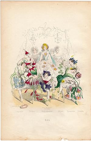 2 Antique Prints-FLOWERS PERSONIFIED-FLOWER BALL-BOUQUET-Grandville-1852