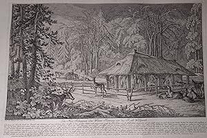 Imagen del vendedor de Die Heu Schuppen oder Winter Fterung vor das Roth Wildpreth." Hirsche und Rehe im winterlichen Wald an einem Futterhaus. -- Aus der seltenen Folge "Die Fangarten der wilden Thiere" von Johann Elias Ridinger (Blatt II). a la venta por Antiquariat Thomas Mertens