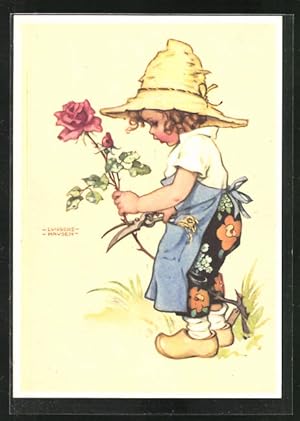 Bild des Verkufers fr Knstler-Ansichtskarte Ilse Wende-Lungershausen: Mdchen schneidet eine Rose zum Verkauf von Bartko-Reher