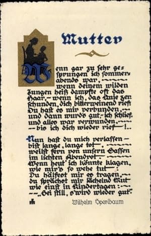 Gedicht Ansichtskarte / Postkarte Muttertag, Wilhelm Sperlbaum, Mutter, Wenn gar zu sehr gesprung...