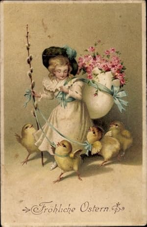 Präge Litho Glückwunsch Ostern, Mädchen mit Rosen und Weidenkätzchen, Küken