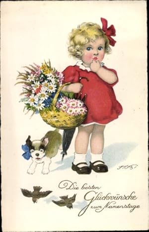 Ansichtskarte / Postkarte Baumgarten, Fritz, Glückwunsch Namenstag, Mädchen mit Blumenstrauß, Hund