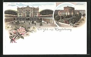 Lithographie Magdeburg, Bahnhof und Stadttheater