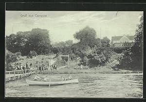 Ansichtskarte Campow, Wasserpartie mit Passanten auf dem Steg