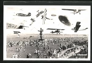 Ansichtskarte Dübendorf, Flugtag mit Zeppelin, Flugzeugen, Fallschirmen, Doppeldeckern, Fliegerst...