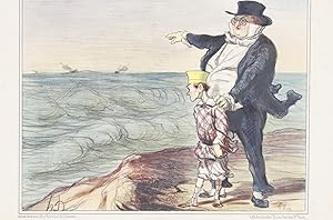 Lithographie originale en couleurs - Les bons bourgeois - "Tiens, papa, pourquoi que l'eau arrive...