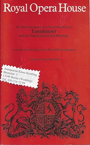 Programmheft zu Tannhäuser und der Sängerkrieg auf der Wartburg. Music and poem Richard Wagner. C...