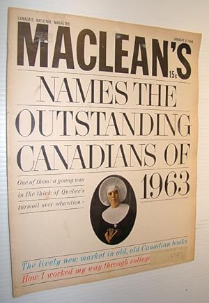 Bild des Verkufers fr Maclean's, Canada's National Magazine, January 4, 1964 - The Outstanding Canadians of 1963 / Douglas Duncan - The Man Who Discovered Canadain Painting zum Verkauf von RareNonFiction, IOBA