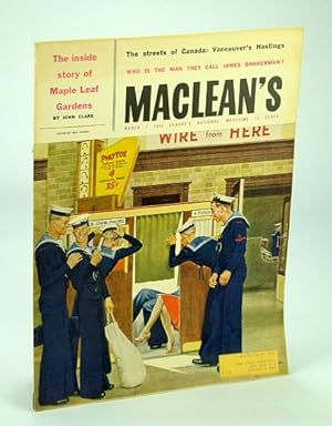 Bild des Verkufers fr Maclean's - Canada's National Magazine, 1 March (Mar.), 1958: Inside Story of Maple Leaf Gardens / Vancouver's Hastings Street / James Bannerman zum Verkauf von RareNonFiction, IOBA