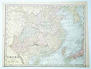 1889 Color Map of China, With Inset Map of Japan