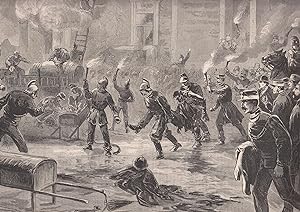 Der Brand des wiener Ringtheaters: Die Feuerwehr beim Bergen der Leichen aus dem brennenden Gebäude.
