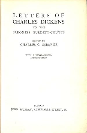 Seller image for Letters of Charles Dickens to the Baroness Burdett-Coutts for sale by WeBuyBooks