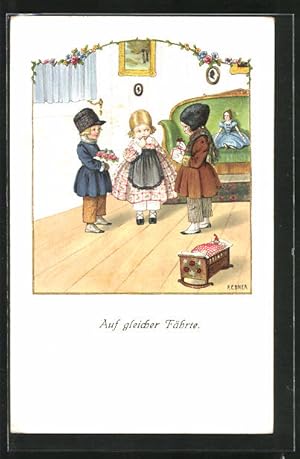 Seller image for Knstler-Ansichtskarte Pauli Ebner: Auf gleicher Fhrte, zwei Buben umgarnen ein Mdchen mit Geschenk und Blumenstrauss for sale by Bartko-Reher