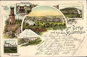 Litho Rochlitz an der Mulde, Waldschlösschen, Friedrich August Turm, Wechselburg, Göhrener Brücke...