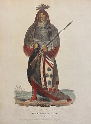 Image du vendeur pour [NATIVE AMERICAN PORTRAIT]. "Wa-Na-Ta. The Charger, Grand Chief of the Sioux." Hand-colored lithograph from a folio edition of McKenney and Hall's Indian Tribes of North America mis en vente par Michael Laird Rare Books LLC