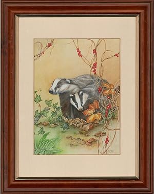 Sheila Hay - 20th Century Watercolour, Badgers in Autumn