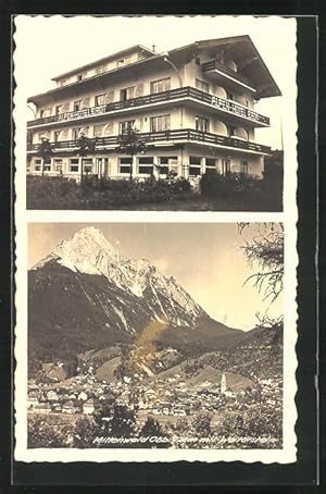 Ansichtskarte Mittenwald / Obb., Hotel Erdt, Ortsansicht mit Wetterstein