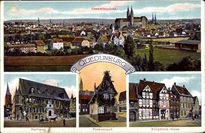 Bild des Verkufers fr Ansichtskarte / Postkarte Quedlinburg im Harz, Finkenherd, Klopstock Haus, Rathaus, Panorama zum Verkauf von akpool GmbH