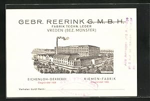 Vertreterkarte Vreden, Fabrik Techn. Leder von Gebr. Reerink, Eichenloh-Gerberei, Riemen-Fabrik