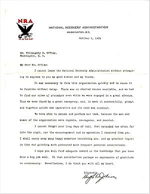 TYPED LETTER SIGNED BY HUGH S. JOHNSON, HEAD OF THE NATIONAL RECOVERY ADMINISTRATION (NRA)