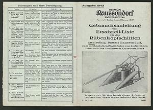 Image du vendeur pour Gebrauchsanleitung, Ersatzteilliste fr den Rbenkpfschlitten, Fa. H. Raussendorff, Singwitz-Bautzen mis en vente par Bartko-Reher