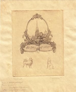 Imagen del vendedor de Ex libris Josef Saar. Kirche in Rokokokartusche. Zwei Hunde als Remarquen. a la venta por Antiquariat  Braun