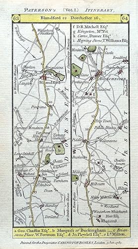 Antique Map DORSET BLANDFORD FORUM To DORCHESTER Paterson's Strip Road Map c1785