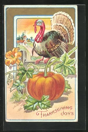 Bild des Verkufers fr Prge-Ansichtskarte Thanksgivingsgruss mit Truthahn und Krbis zum Verkauf von Bartko-Reher