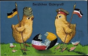 Ansichtskarte / Postkarte Glückwunsch Ostern, Küken mit Fahnen und Soldatenmützen, Osterei, Zweib...