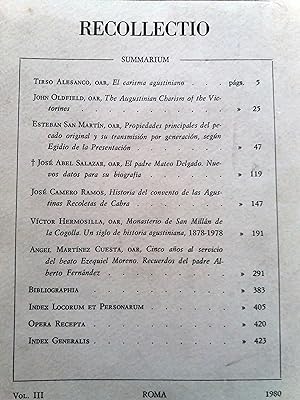 RECOLLECTIO. Institutum Historicum Augustinianorum Recollectorum. Vol. III. Roma. 1980