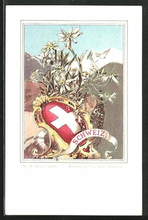 Lithographie Schweiz, Wappen der Nation und Edelweiss