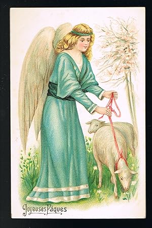 Angel with Lambs on Leads French Easter Embossed Postcard