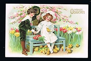 Girl & Boy on Bench with Chicks Embossed Easter Postcard
