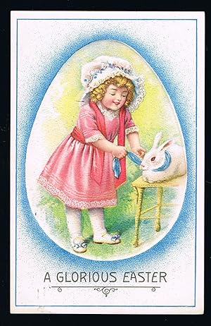 Girl Tying Ribbon on Rabbit Embossed Easter Postcard