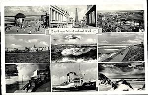 Bild des Verkufers fr Ansichtskarte / Postkarte Borkum Ostfriesland, Promenade, Dampfer, Springflut, Mwe, Leuchtturm zum Verkauf von akpool GmbH
