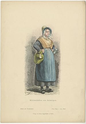 Antique Costume Print of a Milkmaid from Antwerp by Lipperheide (c.1880)