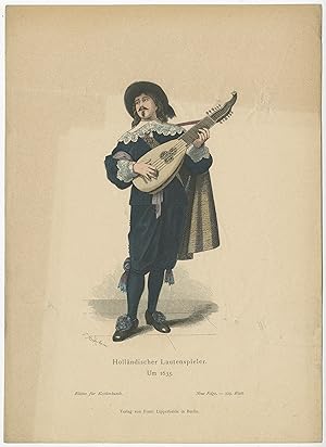 Antique Costume Print of a Dutch lute player by Lipperheide (c.1880)