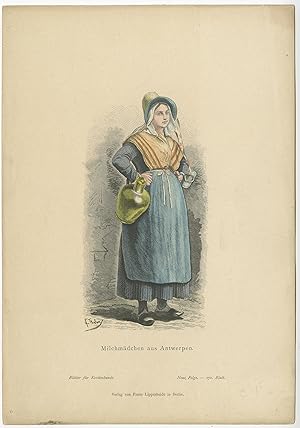 Antique Costume Print of a Milkmaid from Antwerp by Lipperheide (c.1880)