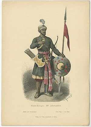 Antique Costume Print of a Hindu Warrior by Lipperheide (c.1880)