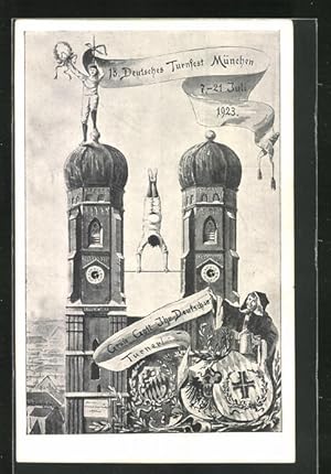 Künstler-Ansichtskarte München, 13. Deutsches Turnfest 1923, Turner an der Frauenkirche, Münchner...