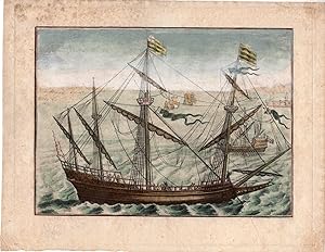 Antique Master Print-ENGLISH SHIP-BOAT AT SEA-Vroom-c.1588