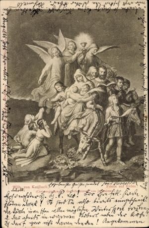 Künstler Ansichtskarte / Postkarte Kaulbach, Wilhelm, Friede auf Erden, Christengruppe, Esel, Engel