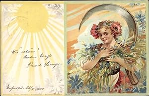 Künstler Ansichtskarte / Postkarte Augustus, August, Allegorie, Sonne, Sichel, Ernte
