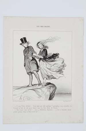 Lithographie originale en noir et blanc - Les bas bleus - "-O mon Victor idolatré."