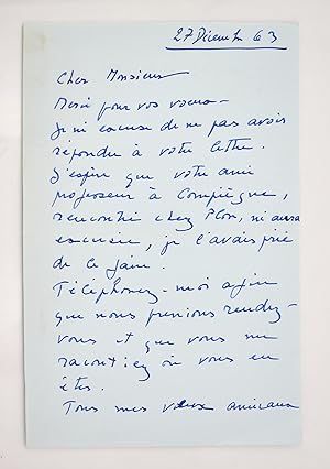 Lettre autographe datée et signée d'une page et demie à un ami (son protégé le photographe Jean-L...
