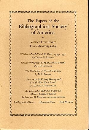 Seller image for The Papers of the Bibliographical Society of America: Volume Fifty-Eight (58), No. 3, Third Quarter, July-September, 1964 for sale by Dorley House Books, Inc.