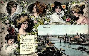 Bild des Verkufers fr Passepartout Ansichtskarte / Postkarte Hansestadt Bremen, Blick auf die Stadt, Frauen-Portraits, Rosen zum Verkauf von akpool GmbH